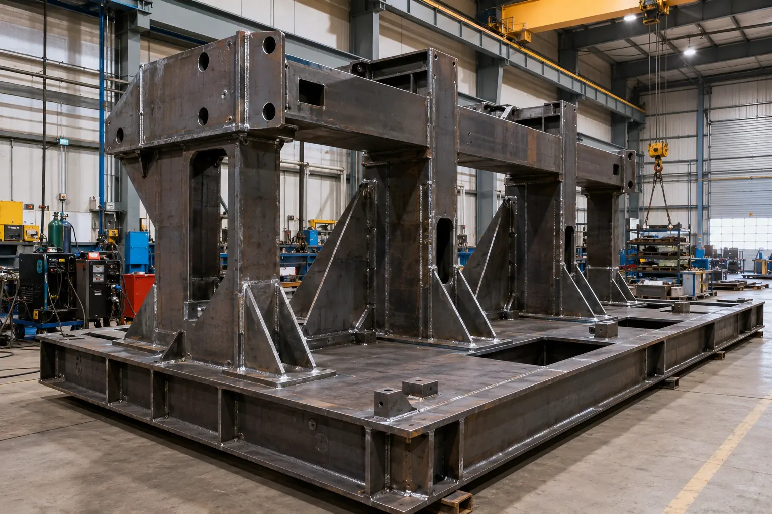 Heavy welded structural steel machine frame in fabrication workshop