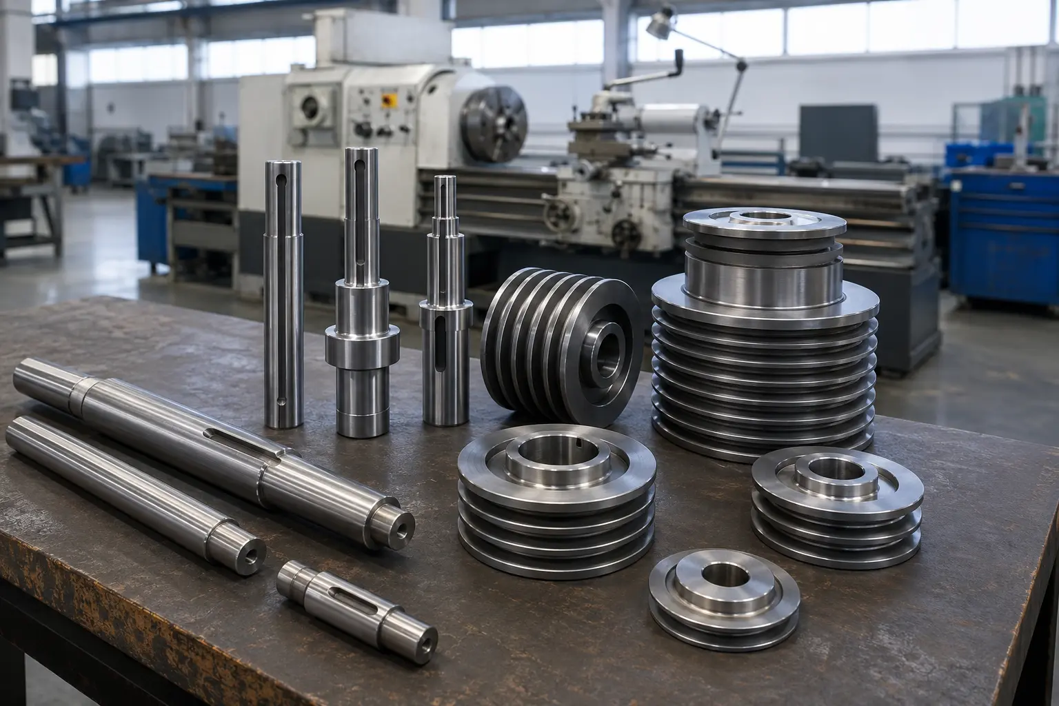 Machined industrial pulleys and keyed steel shafts